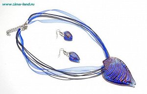 468167 Гарнитур Муранское стекло кулон на шнурке и серьги, "Синий лист"
