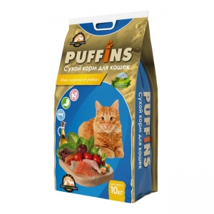 Сухой корм 10кг "PUFFINS" для кошек  КУРОЧКА+РЫБКА.