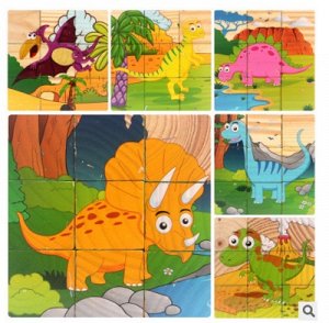 Динозавры Размер упаковки 15*13.5 см. 9 шестигранных кубиков  (сторона кубика 3,5 см) складываются в 6 разных картинок размером 10,5*10,5 см.