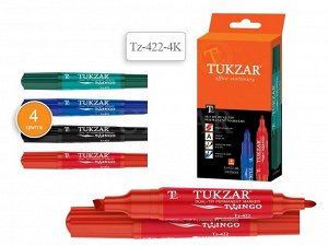 Tukzar Набор маркеров 2-х сторонних перманентных (4 цвета, пулевидный/скошенный наконечник, 2-6 мм) арт.TZ 422-4K