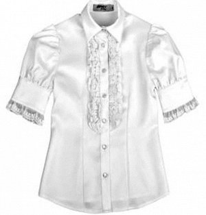 Блуза Блуза для девочки с короткими  рукавами,  из ткани  полиэстер белый. Воротник - отложной на  стойке с прямыми  концами. Рукава со сборкой по окату и низу, на манжетах и застежкой на 3 петли и 3 