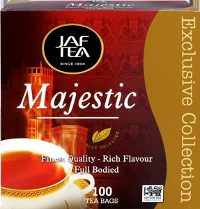Чай Пакетированный чай Jaf Tea Мажестик - купаж чая стандарта Пеко. Настой глубокого янтарного цвета с изысканным полнотелым вкусом и сложным ароматом с ярко выраженными цветочно-медовыми нотками.