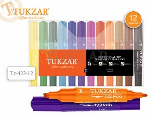 Tukzar Набор маркеров 2-х сторонних перманентных (12 цветов, пулевидный/скошенный наконечник, 2-6 мм) пластиковая упаковка арт.TZ 422-12