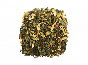 чай Ароматная сенча с кусочками имбиря и цедрой апельсина, целебной ромашкой, лепестками календулы и василька. Этот чай не ароматизируется ничем, кроме натуральных цветов и трав, вошедших в его состав