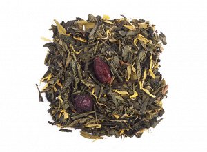 чай В состав входит смесь классических сортов зелёного чая, шиповник, календула, ягоды красной смородины, натуральные ароматические масла.