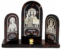 Икона Триптих из обсидиана "Семистрельная, Иисус, Николай" 120х40х90мм.