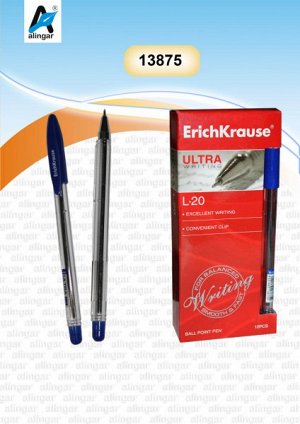 Ручка шар синяя ERICH KRAUSE"Ultra L-20" проз.кор.масл.черн.мет.нак.рифл.поврх 0,6 мм Индия