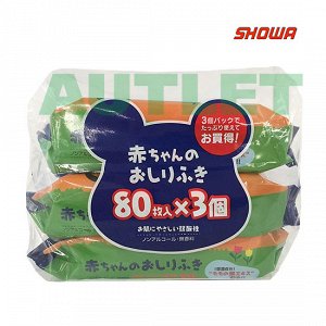 Showa Siko Влажные салфетки для ухода за нежной кожей тела малышей с экстрактом листьев персика, 3 х 80 шт
