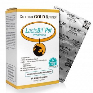 Пробиотики California Gold Nutrition, Пробиотики LactoBif Pet, 5 миллиардов КОЕ, 60 овощных капсул. Для собак и кошек. Lactobif Pet содержат тщательно подобранные пробиотки, которые были клинически из