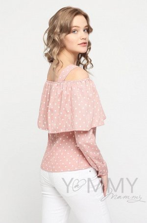 Блуза с воланом розовая/белый горошек