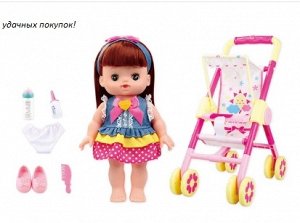 2286542 подарочный набор: кукла+коляска+бутылочка с чехлом+расчёска; цвет РОЗОВЫЙ; материал винил, ABS; размер см: 34*54.5*18
