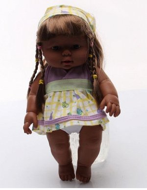 2286576 кукла коричневая в платье и в косынке; цвет ЖЁЛТЫЙ С СИРЕНЕВЫМ; материал винил; размер см: 30