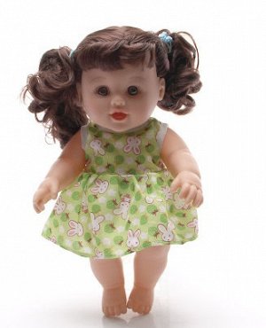 2286630 кукла в платье с зайцами: плачет, смеётся, говорит; цвет ЗЕЛЁНЫЙ; материал винил; размер см: 30