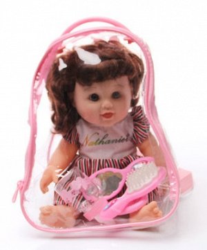 2286637 набор кукла в рюкзаке(бутылочка. две расчёски, зеркало) : плачет, смеётся, говорит; цвет ЖЁЛТЫЙ; материал винил; размер см: 30