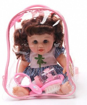 2286640 набор кукла в рюкзаке(бутылочка. две расчёски, зеркало) : плачет, смеётся, говорит; цвет СИНИЙ С БЕЛЫМ; материал винил; размер см: 30