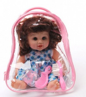 2286641 набор кукла в рюкзаке(бутылочка. две расчёски, зеркало) : плачет, смеётся, говорит; цвет СИНИЙ; материал винил; размер см: 30