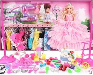 2286753 подарочный кукольный набор (А1): 2 куклы, гардероб, аксессуары, детские игрушки; цвет РОЗОВЫЙ; материал винил; размер см: 60*33*6
