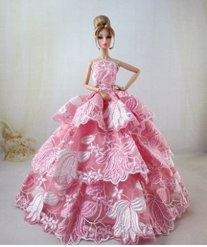 2287077 многослойное вечернее платье в пол на куклу; цвет РОЗОВЫЙ; материал кружева; размер см: 29