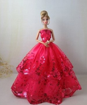2287078 многослойное вечернее платье в пол на куклу; цвет КРАСНЫЙ; материал кружева, пайетки; размер см: 29