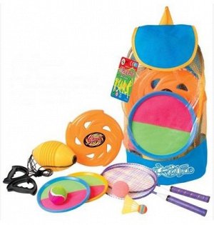 2286375 набор спортивный рюкзак для мальчика: фрисби, ракетки железные, липкий мяч, перетягивание мяча; цвет ГОЛУБОЙ: материал пластик; размер см: 43*25*11