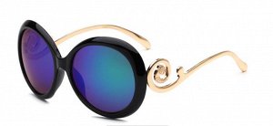 Солнцезащитные очки черные с синими стеклами круглые с завитушкой на дужке