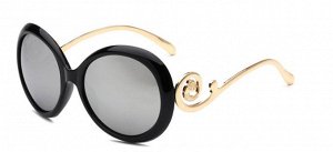 Солнцезащитные очки черные с серыми стеклами круглые с завитушкой на дужке
