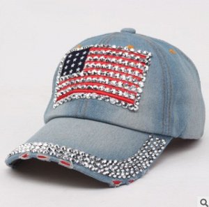 Кепка джинсовая с кристаллами "Американский флаг"