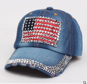Кепка джинсовая с кристаллами  "Американский флаг"