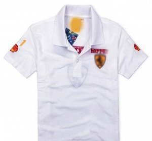 Рубашка-поло мужская белая с короткими рукавами, надписью и эмблемой