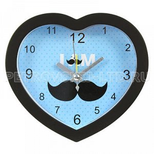9936нс-2 66714 - Часы-будильник "Усы" 12х11см цветной циферблат, пластм., черный, форма "сердце" (Китай). 