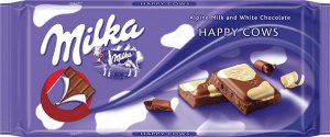 Шоколад Milka Happy Cows (Счастливые Коровы) — это уже гораздо больше, чем любимый альпийский молочный шоколад Milka. Потому что в него также добавлен и белый шоколад в виде пятен молока от самых счас