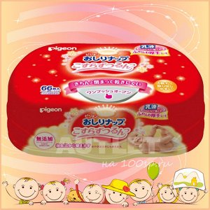 PIGEON Детские влажные гигиенические салфетки с косметическим молочком, пластиковый контейнер, 66 шт