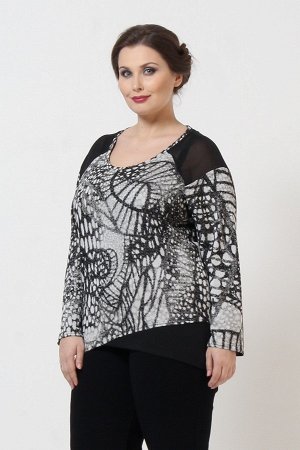 Жаккард 2 Комфортная блуза с длинными рукавами из приятной мягкой ткани, представлена в различных расцветках. Оригинальность модели в интересных вставках из ткани-сетка по плечам и асимметричным крое 