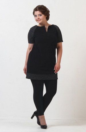 Черный Туника-платье с короткими рукавами фасона "реглан". Вырез горловины - нестандартный, фигурный. Рукава и низ модели из рельефной ткани с легким блеском, что добавляет тунике оригинальности. Эта 