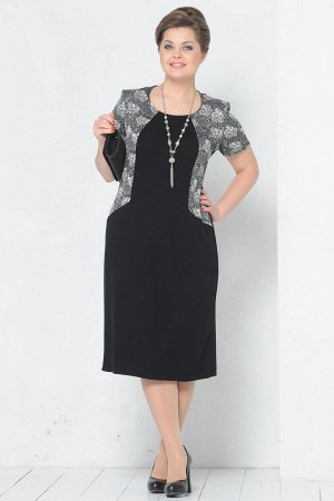 Серебро 3 Шикарное черное платье с имитацией короткого жакета, выполненного из великолепного итальянского жаккарда. Модель с полукруглым вырезом. В этом платье женщина любой комплекции будет выглядеть