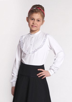 Блуза с планкой и кружевной кокеткой-трикотаж, белый