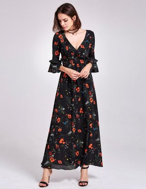 Длинное черное шифоновое платье с цветочным рисунком с завышенной талией