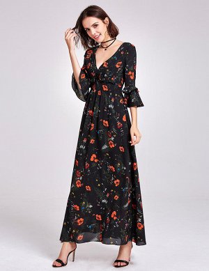 Длинное черное шифоновое платье с цветочным рисунком с завышенной талией