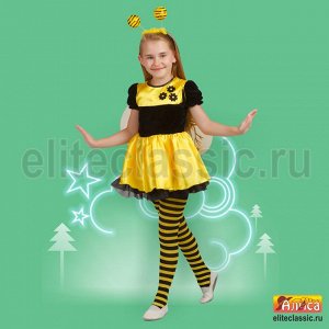 Пчелка Карнавальный костюм для любого костюмированного праздника в детском саду, на новый год и прочих мероприятий. В комплект входят жёлто-чёрное платье, ободок с рожками, чулки и крылья.