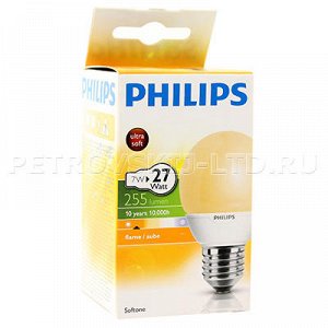 Ос279 79971 - Лампочка 7w=27W 255Lm E27ES "Philips" 9х5,5см flame aube (Китай). 