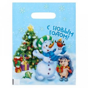 Пакет подарочный полиэтиленовый "С новым годом!", снеговичок и ежик, 23 х29,5 см 1445800
