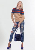 Женский джемпер с полосками 3368 джинс/оранж