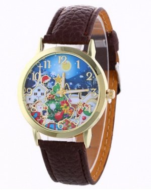 Часы наручные с изображением новогодней символики на табло цвет КОРИЧНЕВЫЕ