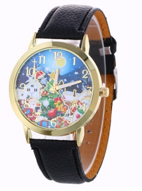 Часы наручные с изображением новогодней символики на табло цвет ЧЕРНЫЕ