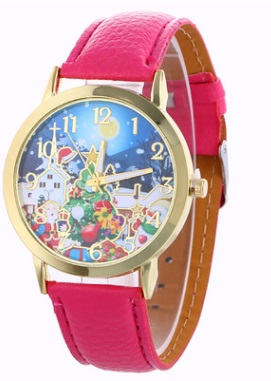 Часы наручные с изображением новогодней символики на табло цвет РОЗОВЫЕ