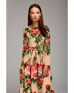 Платье персикового цвета длины макси с крупными розами и длинными рукавами DM00940PH