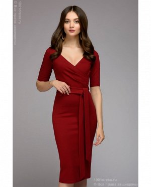 Платье бордовое длины миди с глубоким декольте и рукавами 3/4 DM00544BO