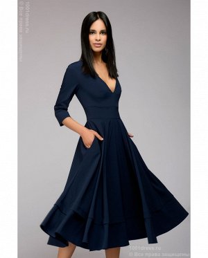 Платье темно-синее длины миди с глубоким вырезом и рукавами 3/4 DM00923DB