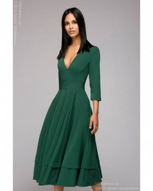 Платье зеленое длины миди с глубоким вырезом и рукавами 3/4 DM00923GR
