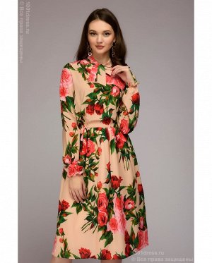 Платье персикового цвета длины миди с принтом и длинными рукавами DM00832PH
